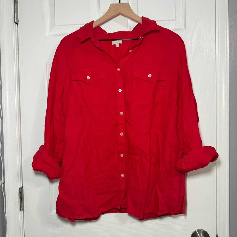 Talbots Woman Red 100% Linen Button Down Shirt Roll Tab Sleeve 1X IN2707